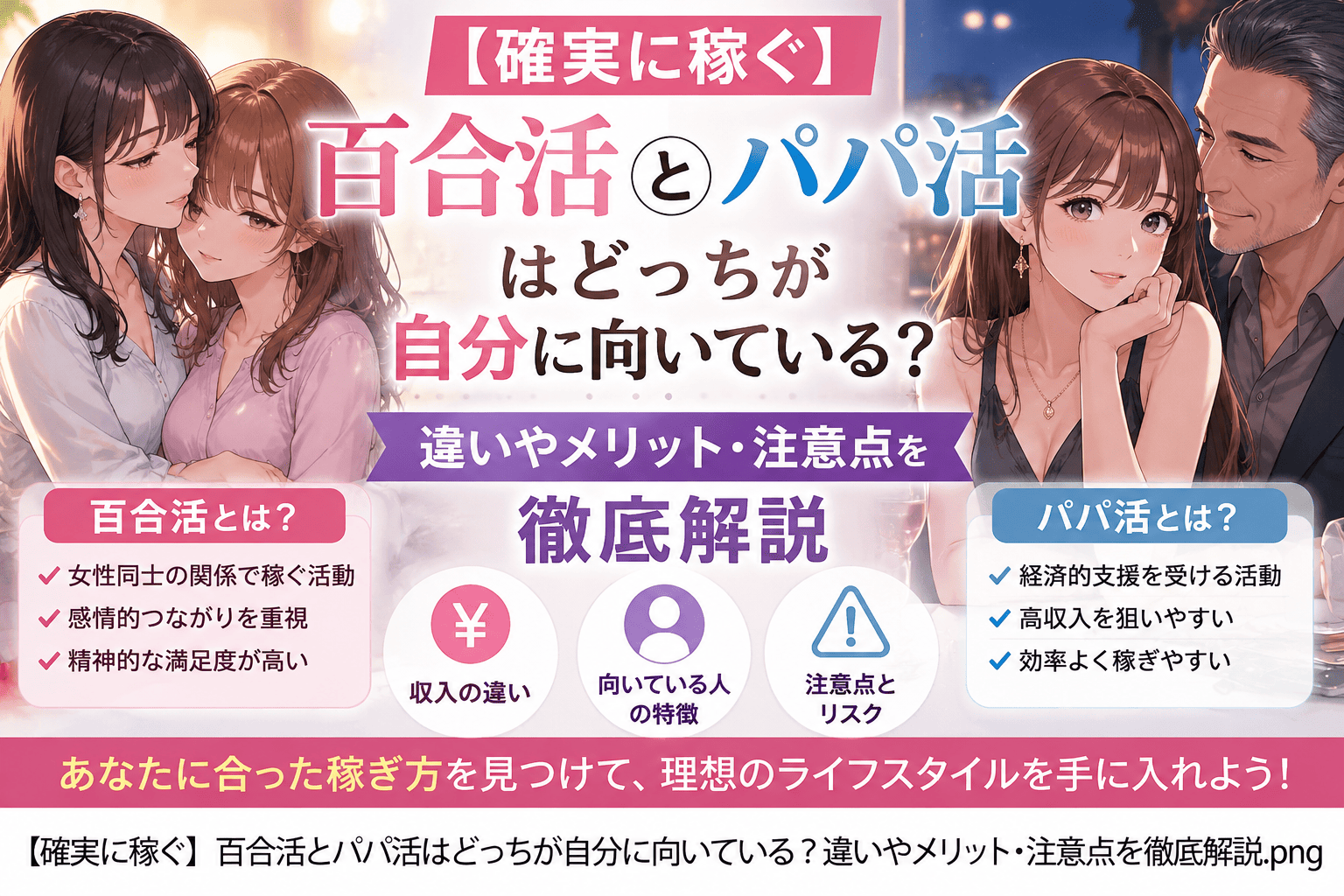 【確実に稼ぐ】百合活とパパ活はどっちが自分に向いている?違いやメリット・注意点を徹底解説